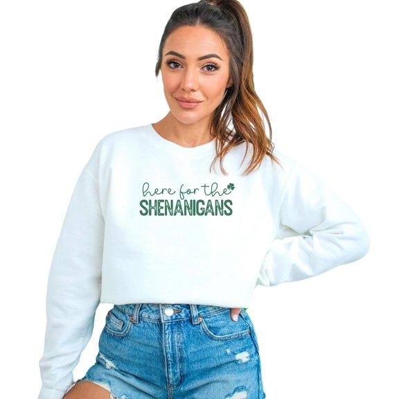 St. Patrick's Day Sweatshirt Here for the Shenanigans Graphic Top, Unisex Clover Pullover, Green Irish Festival Attire, Casual Wear