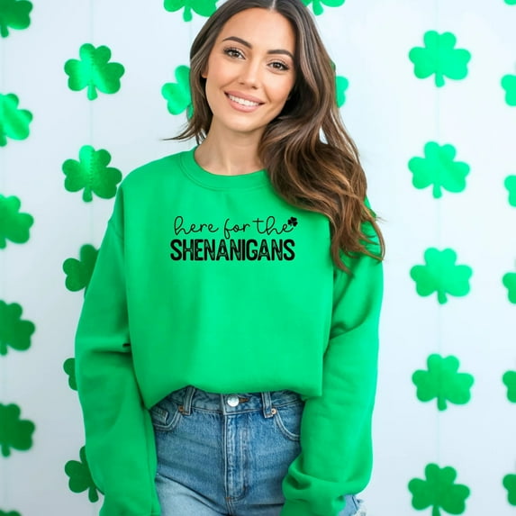 St. Patrick's Day Sweatshirt Here for the Shenanigans Graphic Top, Unisex Clover Pullover, Green Irish Festival Attire, Casual Wear