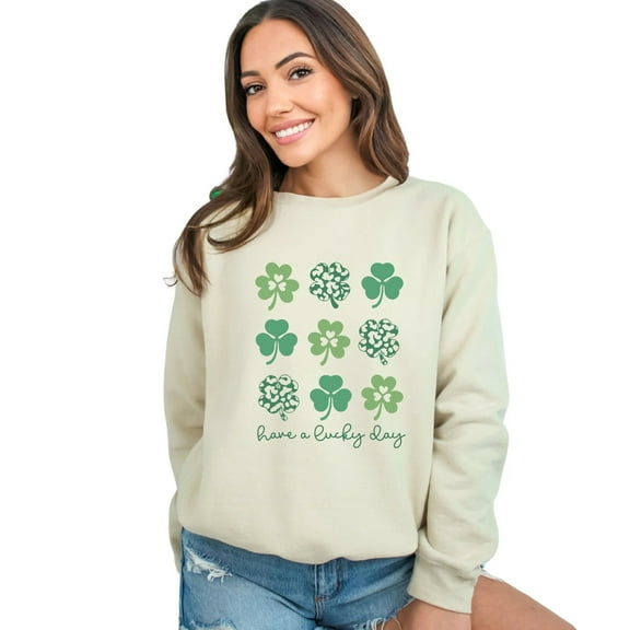 St. Patrick's Day Sweatshirt, Lucky Day Clover Design, Green Shamrocks Unisex Pullover, Casual Irish Celebration Apparel, Soft Cotton Blend