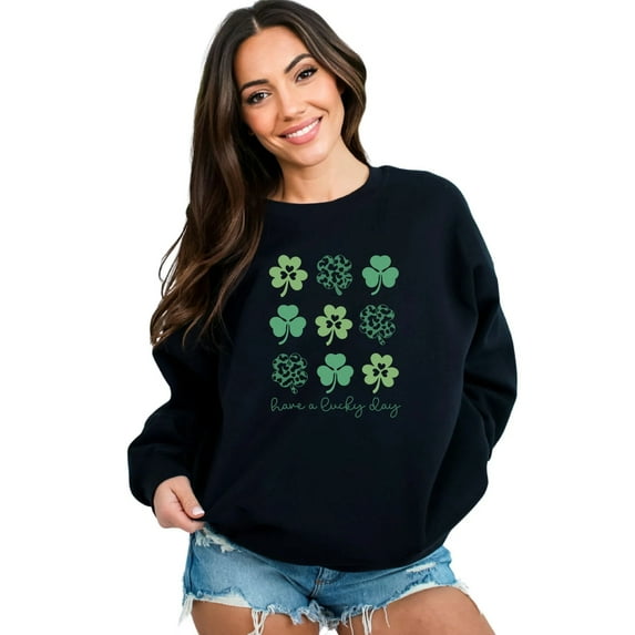 St. Patrick's Day Sweatshirt, Lucky Day Clover Design, Green Shamrocks Unisex Pullover, Casual Irish Celebration Apparel, Soft Cotton Blend