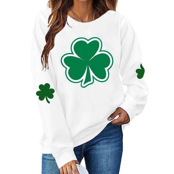 St.Patrick's Day Sweatshirt Women Irish Shamrock Long Sleeve Shirt Ireland Clover Crewneck Pullover Tops White XL