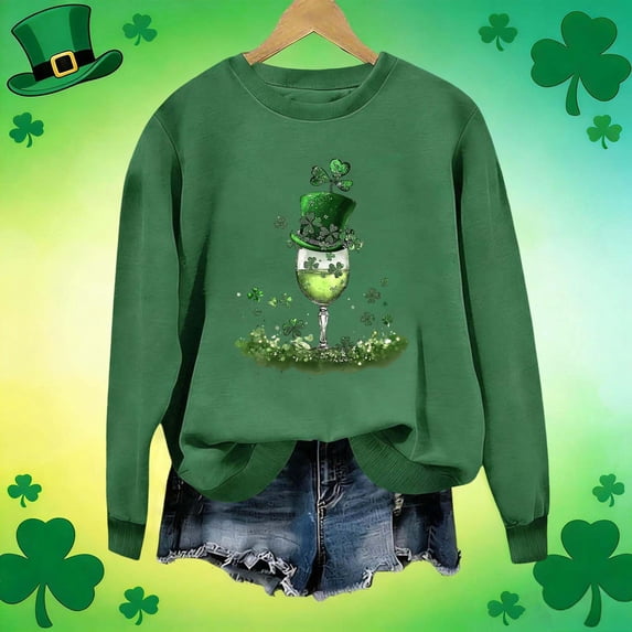 St. Patrick's Day Sweatshirt for Women LOVE Graphic Four Leaf Clover Print Crewneck Long Sleeve Ribbed Cuffs Festive Holiday Relaxed Fit Pullover