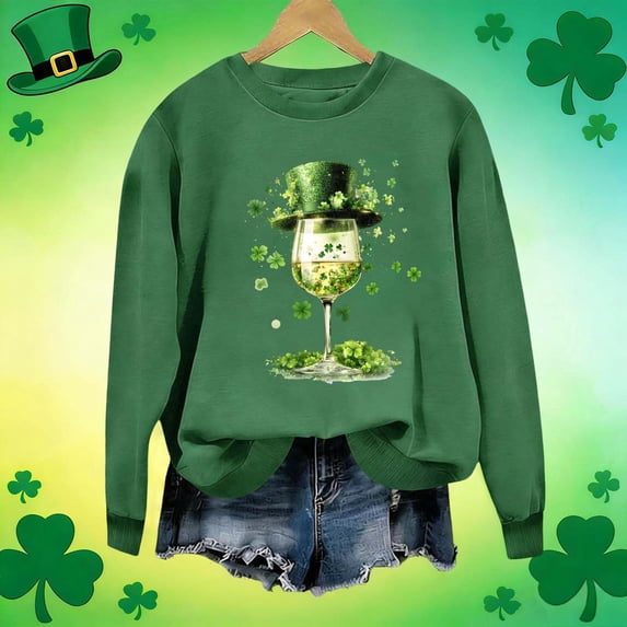 St. Patrick's Day Sweatshirt for Women LOVE Graphic Four Leaf Clover Print Crewneck Long Sleeve Ribbed Cuffs Festive Holiday Relaxed Fit Pullover
