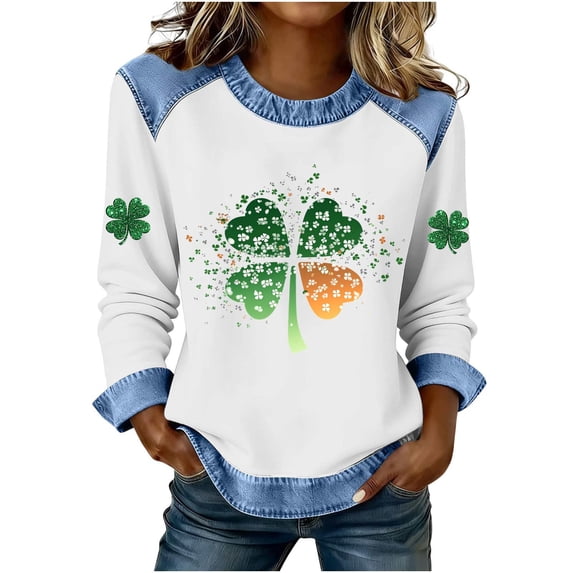 St Patrick’s Day Sweatshirt Women’s Irish Funny Plus Size Long Sleeve Shamrock Sweatshirts with Denim Trim Casual Business Outfits Going Out Tops for 2026 St. Paddy’s Day