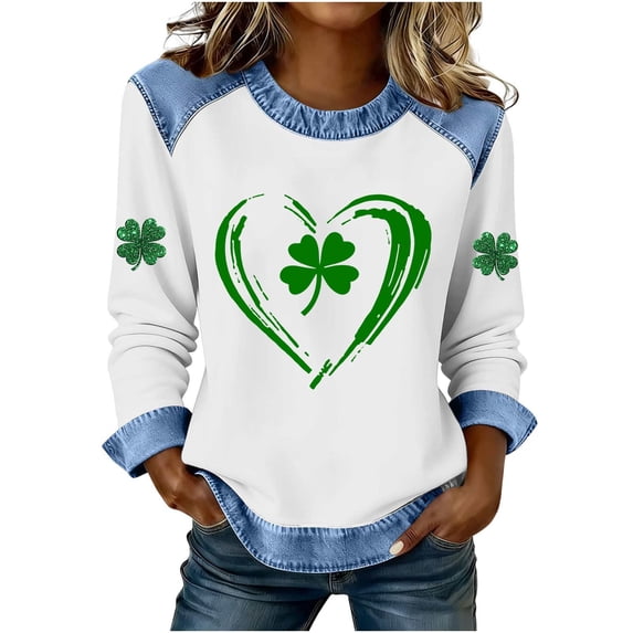 St Patrick’s Day Sweatshirt Women’s Irish Funny Plus Size Long Sleeve Shamrock Sweatshirts with Denim Trim Casual Business Outfits Going Out Tops for 2026 St. Paddy’s Day