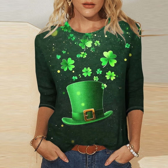 St. Patrick's Day Sweatshirt for Women Cute Cat Wearing Green Bowtie and Hat Graphic Crewneck Long Sleeve Loose Fit Soft Festive Holiday Party Top