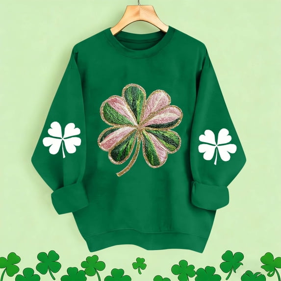 St. Patrick's Day Sweatshirt for Women Heart Clover Graphic Long Sleeve Crewneck Loose Fit Soft Pullover Festive Holiday Apparel Gift