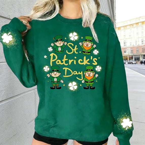 St. Patrick's Day Sweatshirt for Women Large Clover Graphic Long Sleeve Crewneck Casual Loose Fit Festival Apparel Holiday Gift