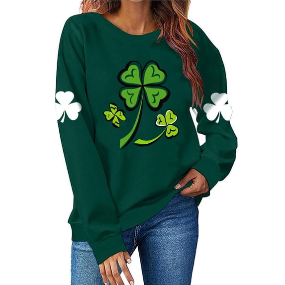 St. Patrick's Day Sweatshirt for Women Heart Clover Graphic Print Crewneck Long Sleeve Ribbed Cuffs Festive Holiday Party Fleece Clothes