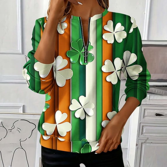St. Patrick's Day Sweatshirt for Women Leprechaun Gold Pot Graphic Quarter Zip Pullover Long Sleeve Novelty Holiday Festive Casual Clothes