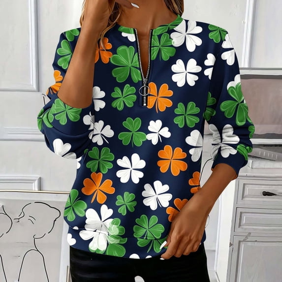 St. Patrick's Day Sweatshirt for Women Striped Shamrock Graphic Quarter Zip Pullover Long Sleeve Loose Fit Soft Festive Holiday Clothes