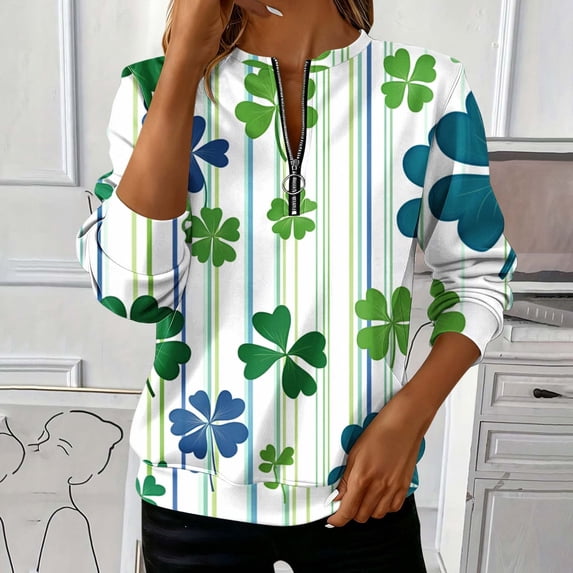 St. Patrick's Day Sweatshirt for Women Striped Shamrock Graphic Quarter Zip Pullover Long Sleeve Loose Fit Soft Festive Holiday Clothes