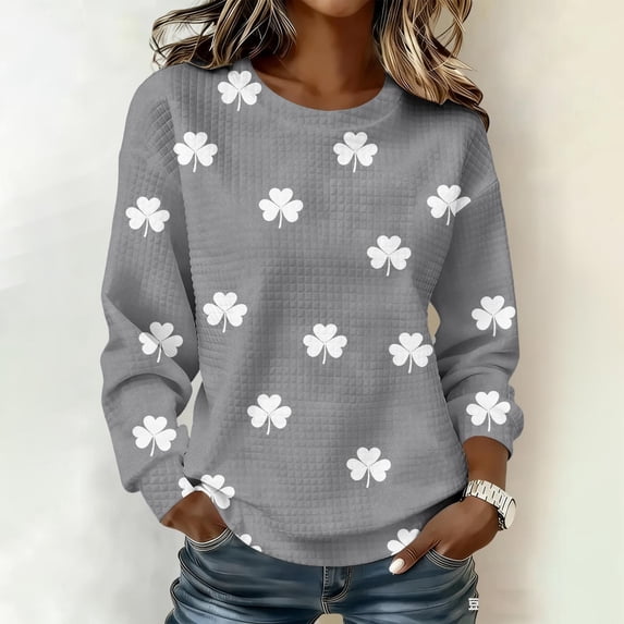 St. Patrick's Day Sweatshirt for Women Textured Quilted Fabric Clover Print Crewneck Long Sleeve Pullover Loose Fit Festive Clothes