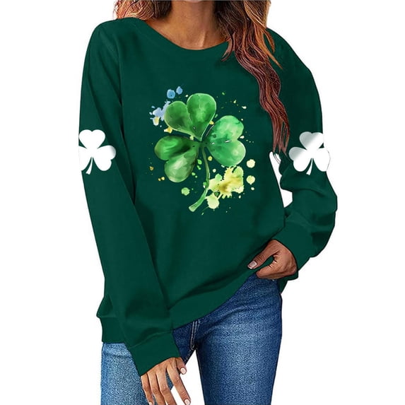 St. Patrick's Day Sweatshirt for Women Watercolor Shamrock Graphic Crewneck Long Sleeve Ribbed Cuffs Loose Fit Festive Clothes Pullover Top