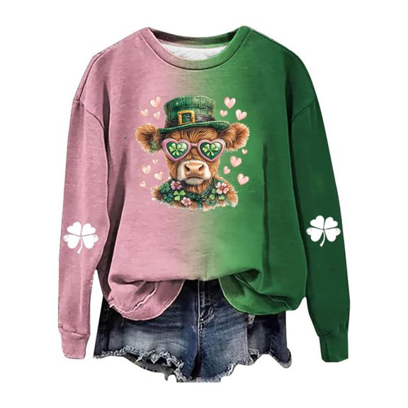 St. Patrick's Day Sweatshirts for Women Cute Highland Cow Graphic Long Sleeve Crewneck Pullover Tops Color-Block Soft Comfy Warm Casaul Hoodless Sweatshirt 5-Green XL