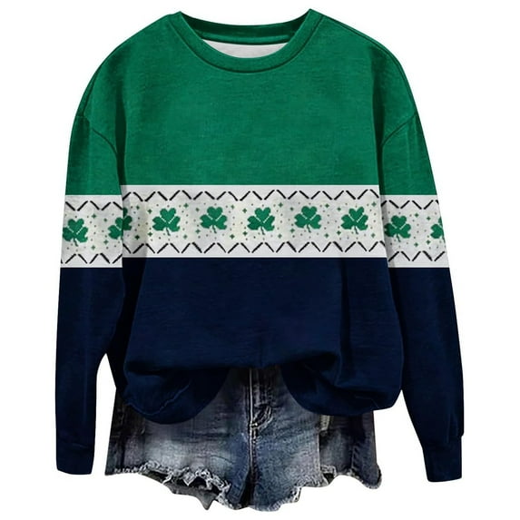 St. Patrick's Day Sweatshirts for Women Long Sleeve Crewneck Irish Sweatshirts Irish Clover Shirts for Women Green Shirts for Women Irish Gift Casual Loose Long Sleeve Fit Tops(Navy,S)