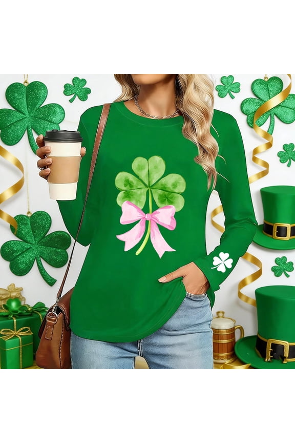St. Patrick's Day T-Shirt for Women Glitter Shamrock Graphic Crewneck Long Sleeve Slim Fit Festive Top Saint Paddy's Day Party Celebration Clothes