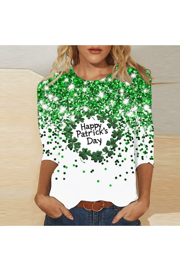 St. Patrick's Day T-Shirt for Women Four Leaf Clover Tree Graphic Crewneck Three Quarter Sleeve Loose Fit Festive Holiday Tee