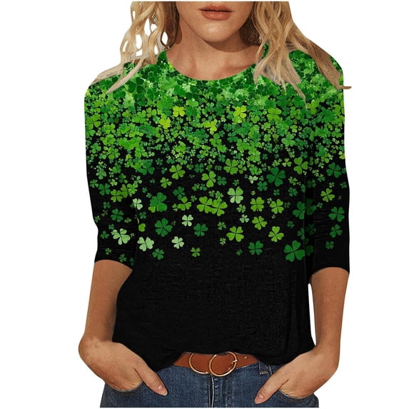 St Patrick's Day T Shirt for Womens Green Leaf Print Irish 3/4 Sleeve Loose Pullover Tops