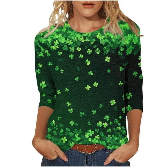 St Patrick's Day T Shirt for Womens Green Leaf Print Irish 3/4 Sleeve Loose Pullover Tops