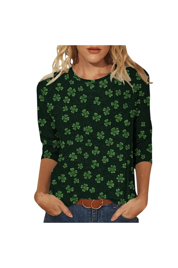 St Patrick's Day T Shirt for Womens Green Leaf Print Irish 3/4 Sleeve Loose Pullover Tops