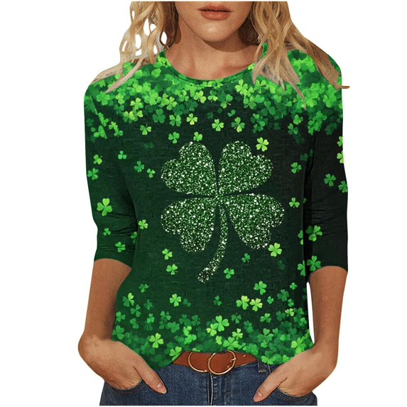 St Patrick's Day T Shirt for Womens Green Leaf Print Irish 3/4 Sleeve Loose Pullover Tops