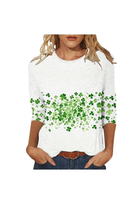 St Patrick's Day T Shirt for Womens Green Leaf Print Irish 3/4 Sleeve Loose Pullover Tops