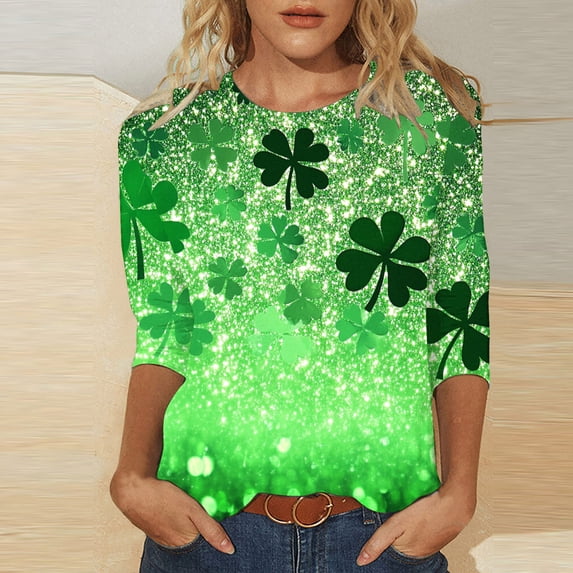 St. Patrick's Day T-Shirts, Women 3/4 Sleeve Tops and Blouses, Round Neck Shirt Women's Fashion Tees Casual Crewneck 3/4 Sleeved T Shirt Ladies Tops Blouses Shirt
