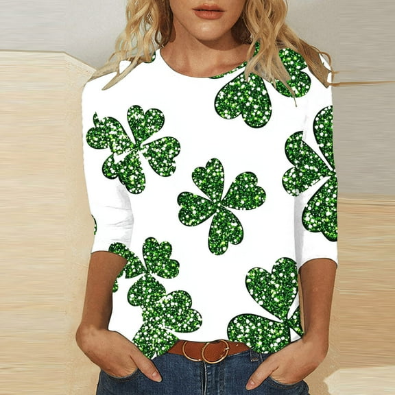 St. Patrick's Day T-Shirts, Women 3/4 Sleeve Tops and Blouses, Round Neck Shirt Women's Fashion Tees Casual Crewneck 3/4 Sleeved T Shirt Ladies Tops Blouses Shirt