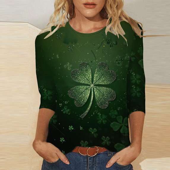 St. Patrick's Day T-Shirts, Women 3/4 Sleeve Tops and Blouses, Round Neck Shirt Women's Fashion Tees Casual Crewneck 3/4 Sleeved T Shirt Ladies Tops Blouses Shirt