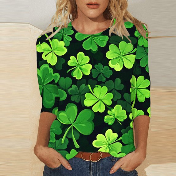 St. Patrick's Day T-Shirts, Women 3/4 Sleeve Tops and Blouses, Round Neck Shirt Women's Fashion Tees Casual Crewneck 3/4 Sleeved T Shirt Ladies Tops Blouses Shirt