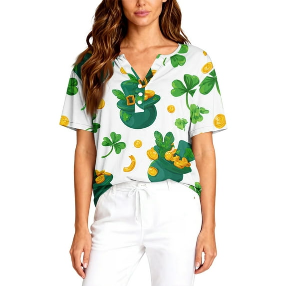 St.Patrick's Day T-shirt Women - Irish Lucky Clover 3/4 Sleeve Shirt, Fashion Shamrock Green Shirt, Costume for St.Patrick's Day|Style DCyanXXXL