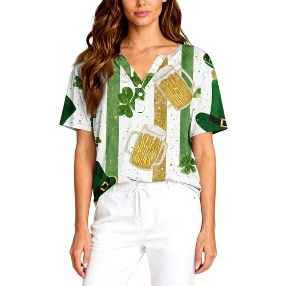 St.Patrick's Day T-shirt Women - Irish Lucky Clover 3/4 Sleeve Shirt, Fashion Shamrock Green Shirt, Costume for St.Patrick's Day|Style DYellowL