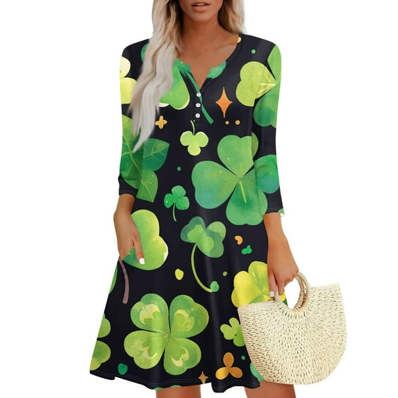 St.Patrick's Day T-shirt Women - Irish Lucky Clover 3/4 Sleeve Shirt, Fashion Shamrock Green Shirt, Costume for St.Patrick's Day|Style QBlackS