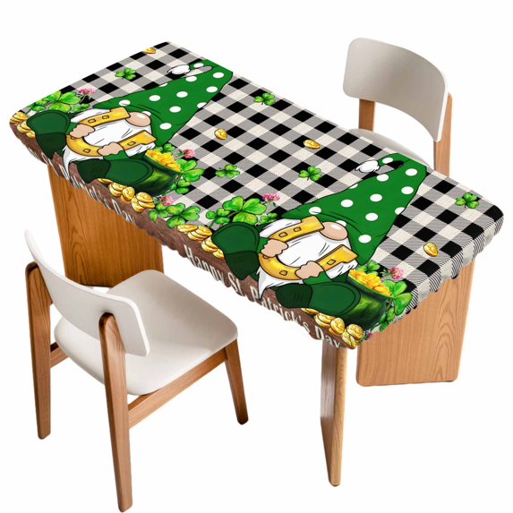 St. Patrick's Day Table Cloths for 3 Foot Rectangle Tables, Gnomes Shamrocks Gold Coin Buffalo Plaid Patio Waterproof Elastic Fitted Tablecloths, Washable Rectangular Table Cover for Camping