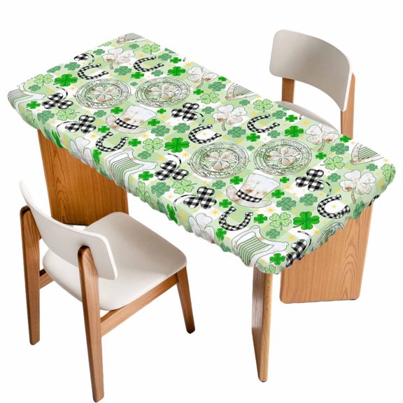 St. Patrick's Day Table Cloths for 3 Foot Rectangle Tables, Green Black Plaid Lucky Clovers Check Patio Waterproof Elastic Fitted Tablecloths, Washable Rectangular Table Cover for Camping