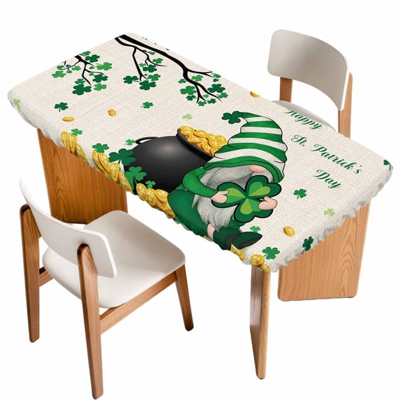 St. Patrick's Day Table Cloths for 3 Foot Rectangle Tables, Green Gnomes Shamrock Gold Coin Beige Patio Waterproof Elastic Fitted Tablecloths, Washable Rectangular Table Cover for Camping