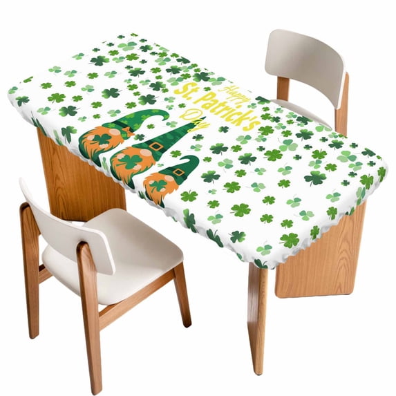 St. Patrick's Day Table Cloths for 3 Foot Rectangle Tables, Green Leaf Gnomes Shamrock Clovers Patio Waterproof Elastic Fitted Tablecloths, Washable Rectangular Table Cover for Camping