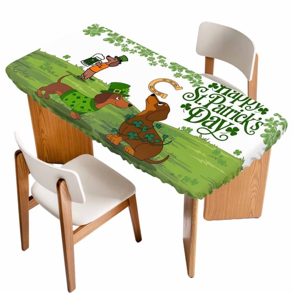 St. Patrick's Day Table Cloths for 3 Foot Rectangle Tables, Green Lucky Clovers Dog Patio Waterproof Elastic Fitted Tablecloths, Washable Rectangular Table Cover for Camping