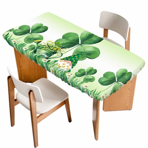 St. Patrick's Day Table Cloths for 3 Foot Rectangle Tables, Green Shamrock Gnomes Watering Can Plants Patio Waterproof Elastic Fitted Tablecloths, Washable Rectangular Table Cover for Camping