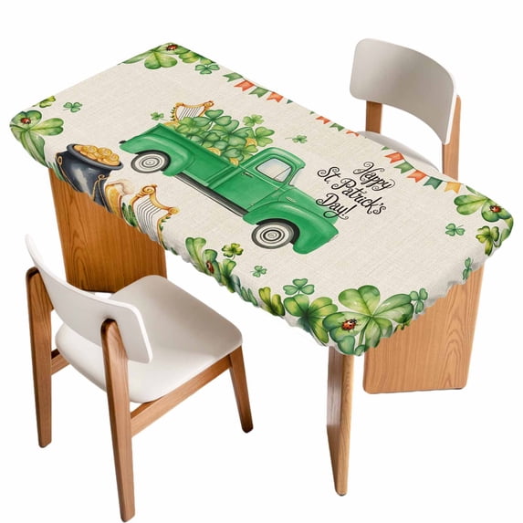 St. Patrick's Day Table Cloths for 3 Foot Rectangle Tables, Green Truck Lucky Shamrocks Flags Retro Patio Waterproof Elastic Fitted Tablecloths, Washable Rectangular Table Cover for Camping