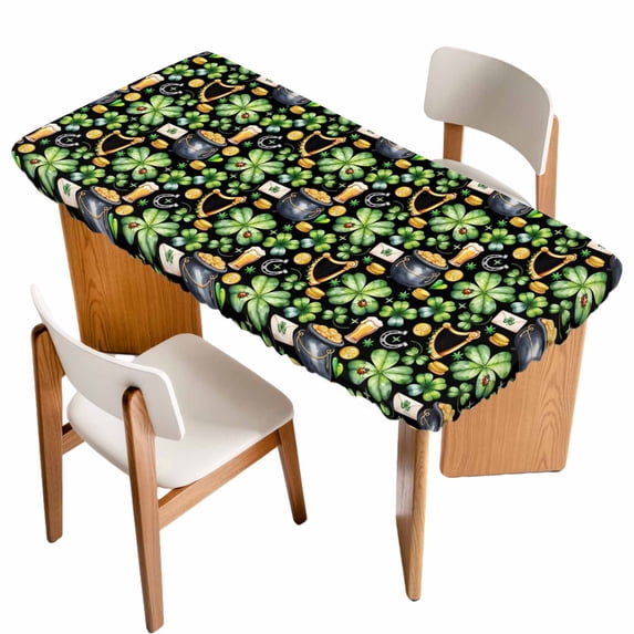St. Patrick's Day Table Cloths for 3 Foot Rectangle Tables, Luck Shamrocks Beer Harp Horseshoes Envelope Patio Waterproof Elastic Fitted Tablecloths, Washable Rectangular Table Cover for Camping