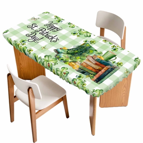 St. Patrick's Day Table Cloths for 3 Foot Rectangle Tables, Lucky Shamrocks Boots Green Buffalo Plaid Patio Waterproof Elastic Fitted Tablecloths, Washable Rectangular Table Cover for Camping