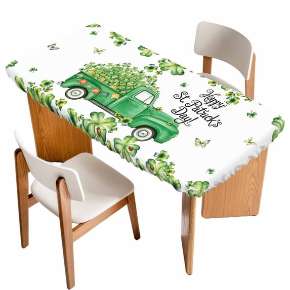 St. Patrick's Day Table Cloths for 3 Foot Rectangle Tables, Lucky Shamrocks Green Car Country Plants Patio Waterproof Elastic Fitted Tablecloths, Washable Rectangular Table Cover for Camping