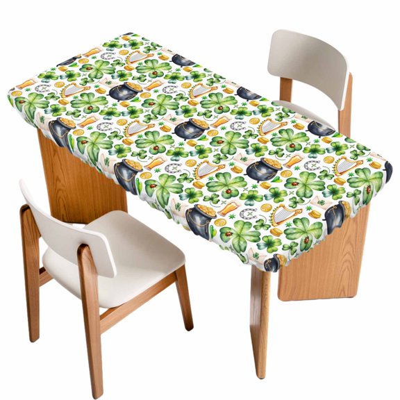 St. Patrick's Day Table Cloths for 3 Foot Rectangle Tables, Lucky Shamrocks Harp Beer Horseshoes Envelope Patio Waterproof Elastic Fitted Tablecloths, Washable Rectangular Table Cover for Camping
