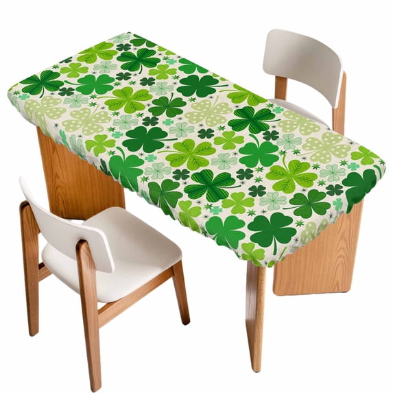 St. Patrick's Day Table Cloths for 3 Foot Rectangle Tables, Lucky Shamrocks Spring Leaves Retro Plants Patio Waterproof Elastic Fitted Tablecloths, Washable Rectangular Table Cover for Camping