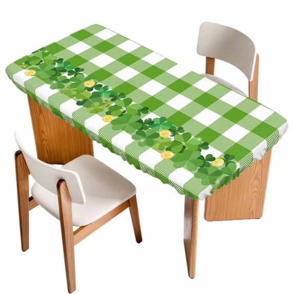 St. Patrick's Day Table Cloths for 3 Foot Rectangle Tables, Shamrock Grasses Sage Green Plaid Patio Waterproof Elastic Fitted Tablecloths, Washable Rectangular Table Cover for Camping