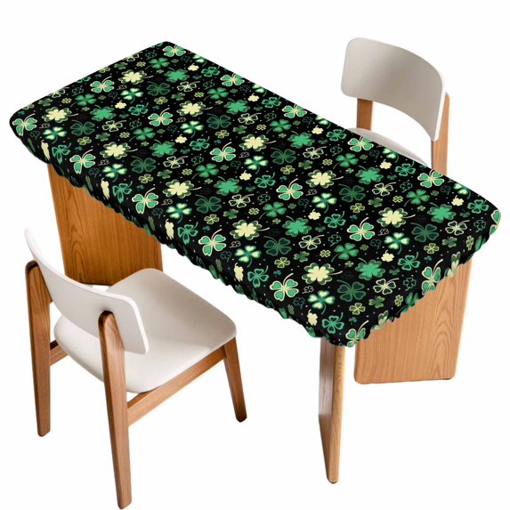 St. Patrick's Day Table Cloths for 3 Foot Rectangle Tables, Spring Green Shamrock Leaves Black Patio Waterproof Elastic Fitted Tablecloths, Washable Rectangular Table Cover for Camping