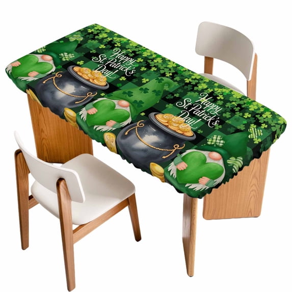 St. Patrick's Day Table Cloths for 3 Foot Rectangle Tables, Spring Lucky Shamrocks Green Gnomes Plaid Patio Waterproof Elastic Fitted Tablecloths, Washable Rectangular Table Cover for Camping