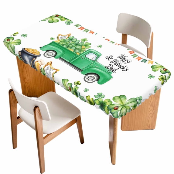 St. Patrick's Day Table Cloths for 3 Foot Rectangle Tables, Spring Lucky Shamrocks Green Truck Country Patio Waterproof Elastic Fitted Tablecloths, Washable Rectangular Table Cover for Camping